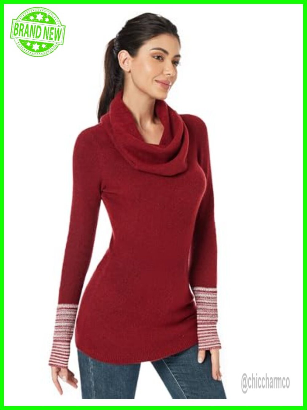 Women's Cowl Neck Long Sleeve Striped Cuff Sweater Pullover Acrylic Blend